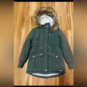 Justice Green Puffer Jacket with Faux Fur Hood